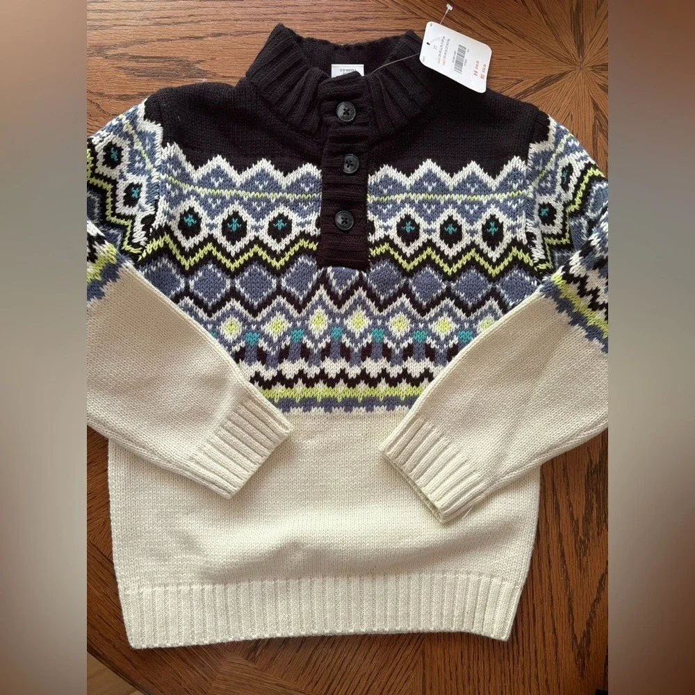 Gymboree Toddler Boys 3T Fair Isle Mock Neck Henley Sweater Cream Blue 140175696